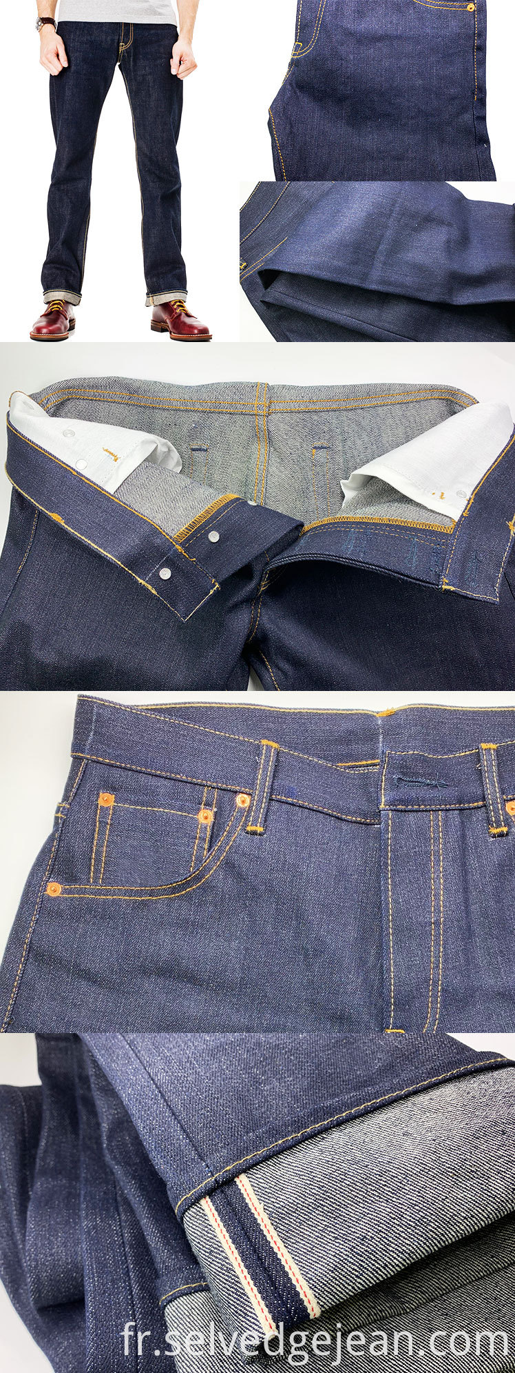 Back Pocket broderie personnalisée Classic Classic Straight Cut Style Japonais Indigo Vintage brut Rough Selvedge Denim Jacket Jeans pour hommes